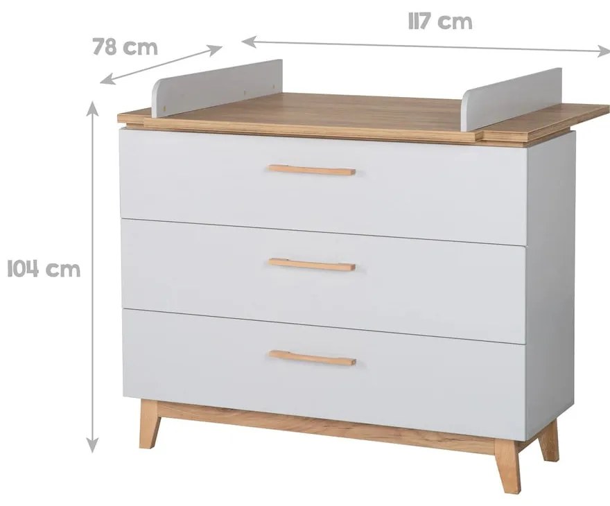 Svetlosivá nízka detská komoda v dekore duba s prebaľovacím pultom 117x104 cm Caro – Roba