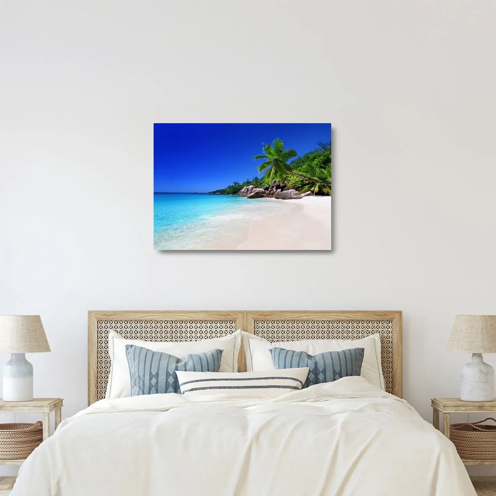 Sklenený obraz pláže na Praslin ostrove (70x50 cm)