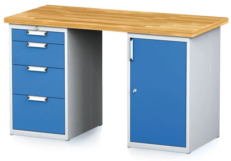 Alfa 3 Dielenský stôl MECHANIC I so zásuvkovým boxom a skrinkou na náradie miesto nôh, 4 zásuvky, 1500 x 685 x 880 mm, modré dvere