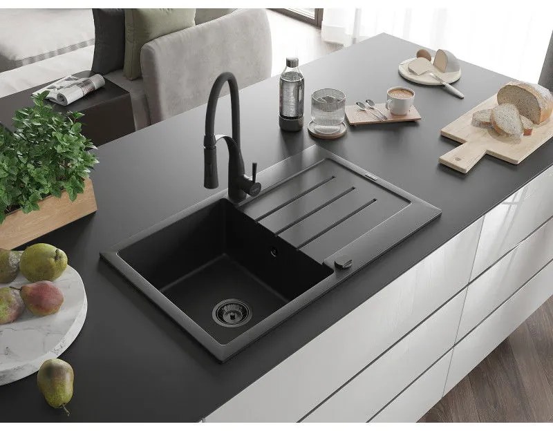 Mexen Bruno, 1-komorový granitový drez 795x495x200 mm a drezová batéria Aster, čierna, 6513-77-73450-70-B