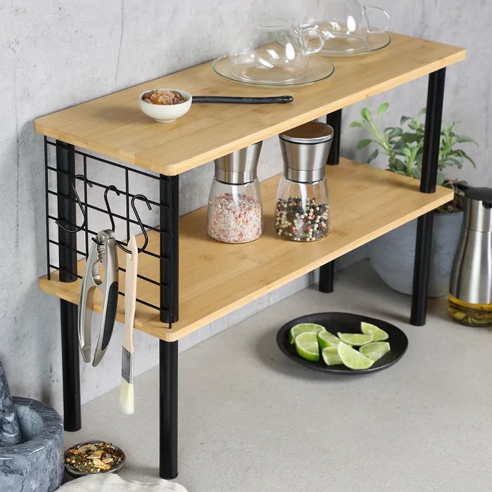 Kuchynská 2-poschodová bambusová polička s háčikmi KESPER AREA 2