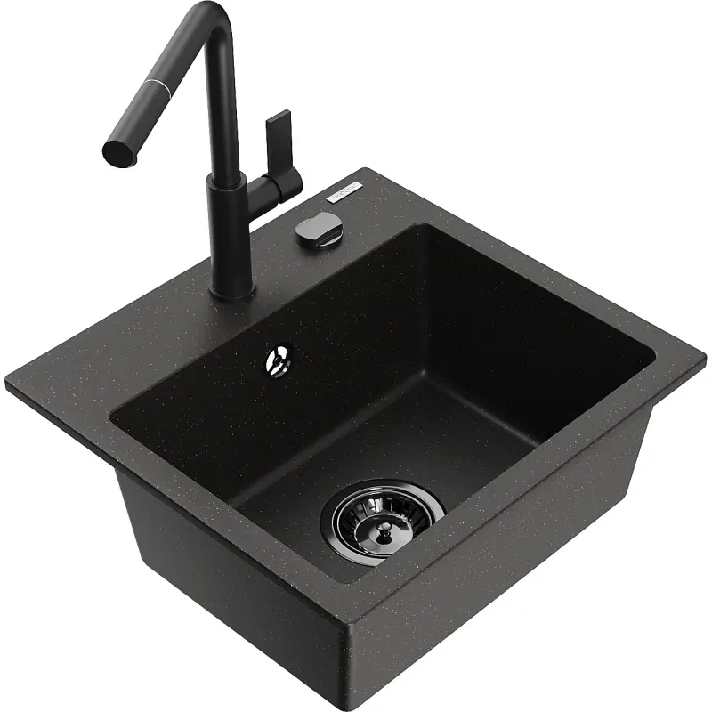Mexen Milo, 1-komorový granitový drez 435x410x171 mm a drezová batéria Flora, čierna-zlatá metalíza, 6505-75-670401-70-B