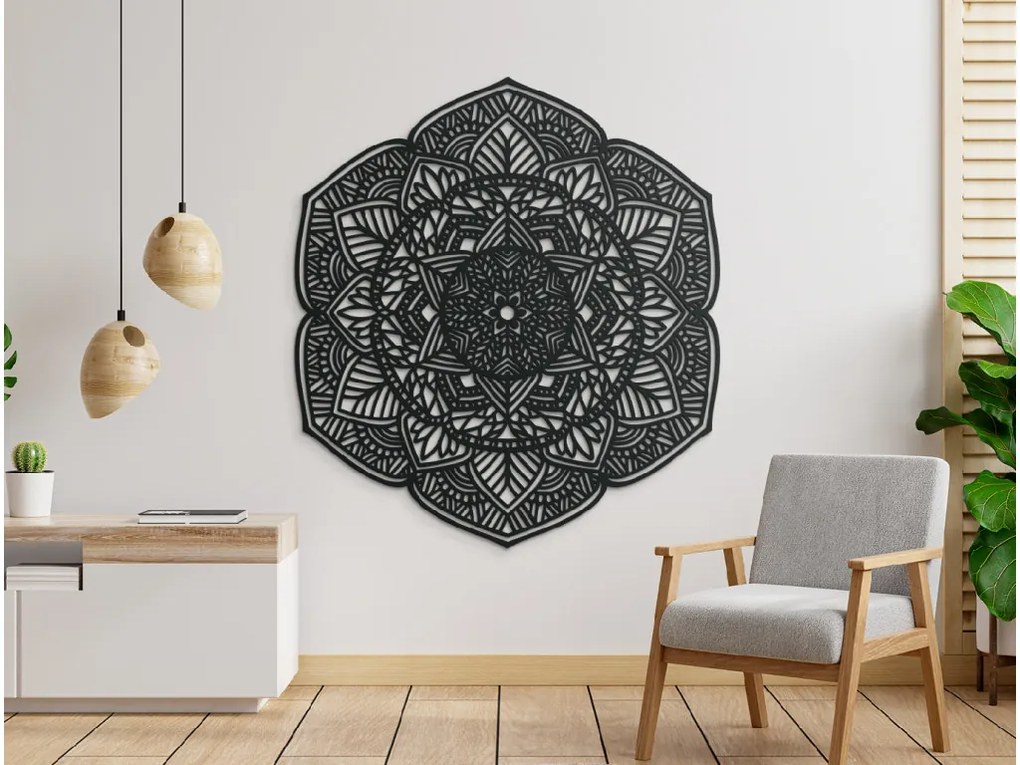 drevko Drevená mandala na stenu Kvety Rozmer obrazu: 125 x 112,5 cm, Farba dekorácie: Čierna