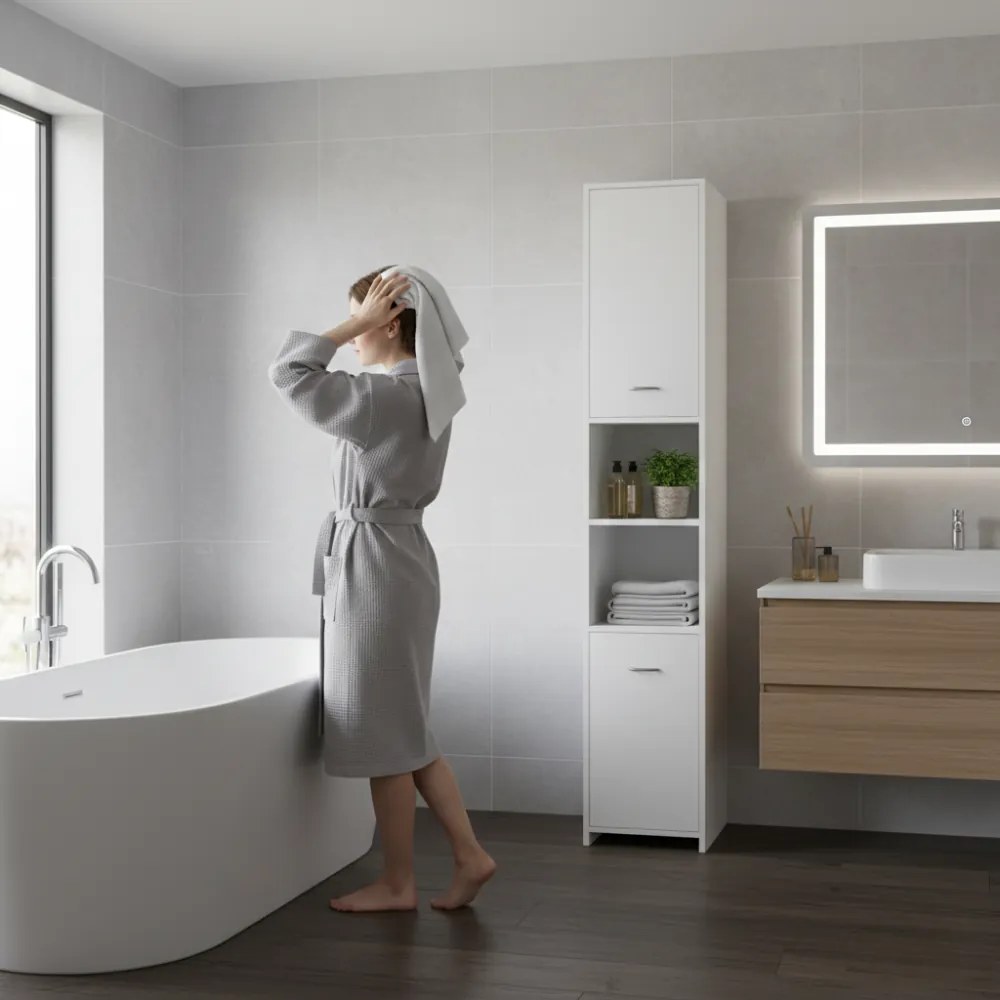 Vysoká skrinka do kúpeľne SILKE, 180x30x30cm, biela Casaria