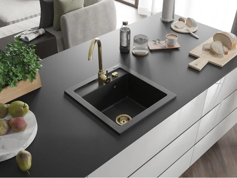 Mexen Vito, granitový drez 520x490x210 mm, 1-komorový, čierna-strieborná metalíza so zlatým sifónom, 6503521000-73-G