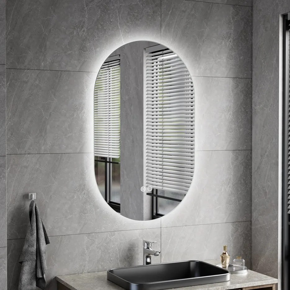 Erga Dalia, oválne LED zrkadlo 50x80cm, 3 farby svetla, zadné osvetlenie, vyhrievacia podložka proti zapareniu, ERG-V01-Dalia-5080-CL