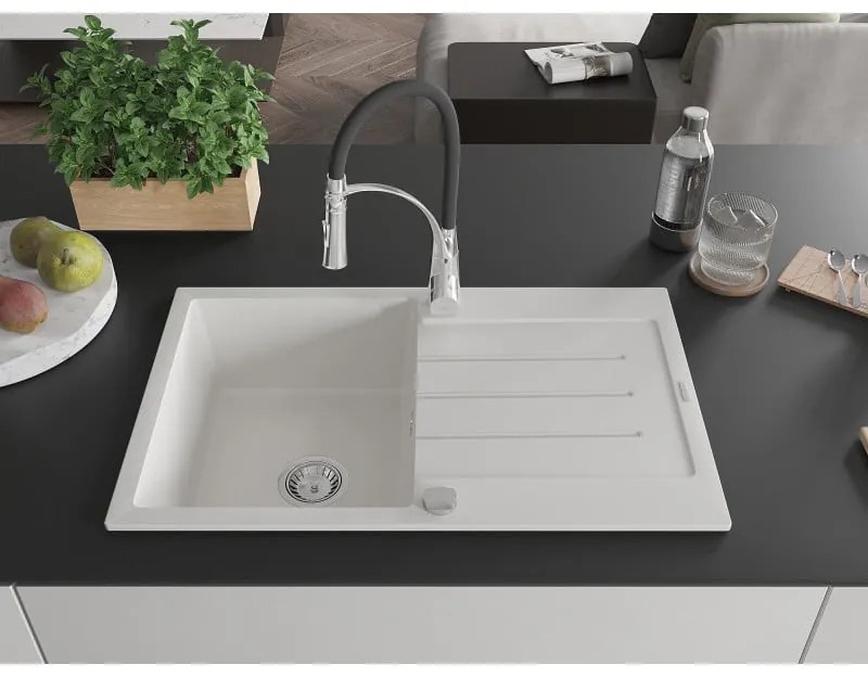 Mexen Bruno, 1-komorový granitový drez 795x495x200 mm a drezová batéria Aster, biela, 6513-20-73450-07