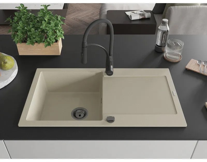 Mexen Leo, granitový drez 900x500x190 mm, 1-komorový a drezová batéria Aster, béžová, 6501-69-73450-70-B