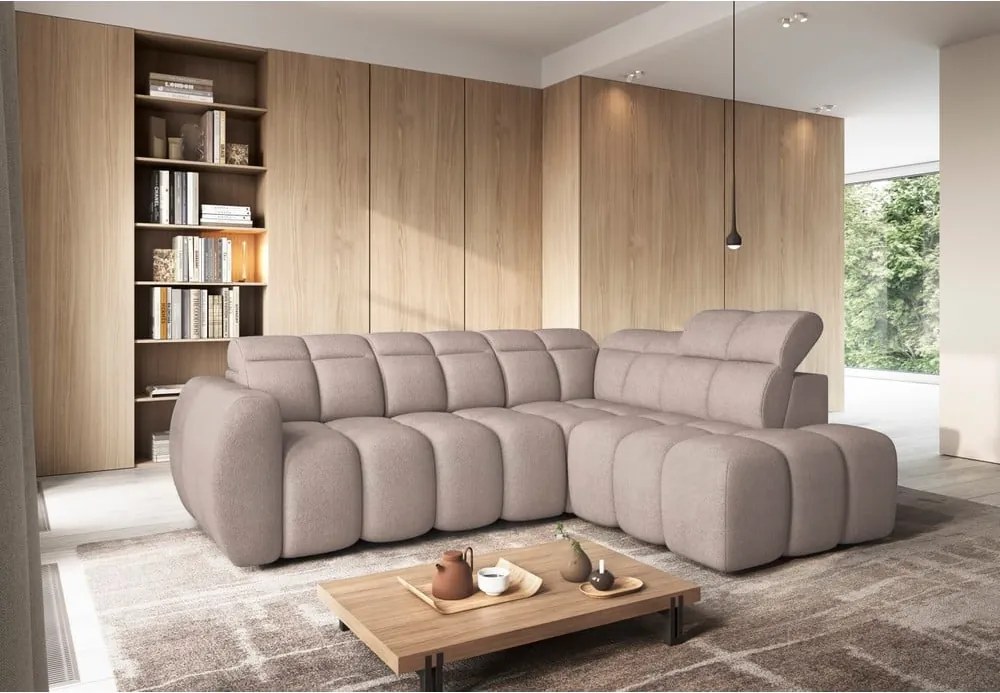 Svetlohnedá rozkladacia/s úložným priestorom rohová pohovka z textílie buklé (pravý roh/do L) Falconn – ELTAP