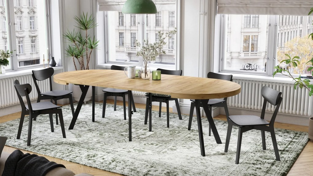EXPANSO Dub Craft Zlatý / čierne nohy - VEĽKÝ OKRÚHLY STÔL Ø110 ROZKLADACÍ AŽ DO 310 cm S NOHAMI Y LOFTOVÝ / INDUSTRIÁLNY
