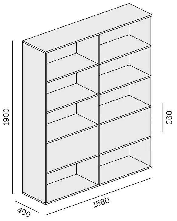 PLAN Široký kancelársky policový regál LAYERS, 2 boxy, 1582 x 400 x 1905, dub prírodný / dub morený