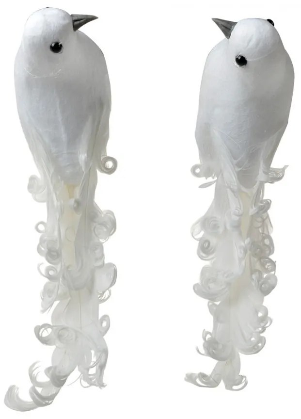 2ks biela dekorácia vtáčik s pierkami na klipe - 19*9*10 cm