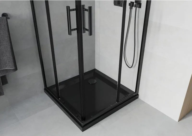 Mexen Rio, štvorcový sprchový kút 90 x 90 cm, 6mm číre sklo, čierny profil + čierna sprchová vanička, 860-090-090-70-00-4070B