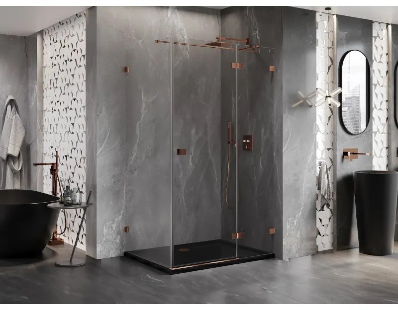 Mexen Lunar T, výklopný sprchový kút pravý 130 x 110 cm, 8mm číre sklo, profil ružové zlato, 834T-130-110-60-00-P