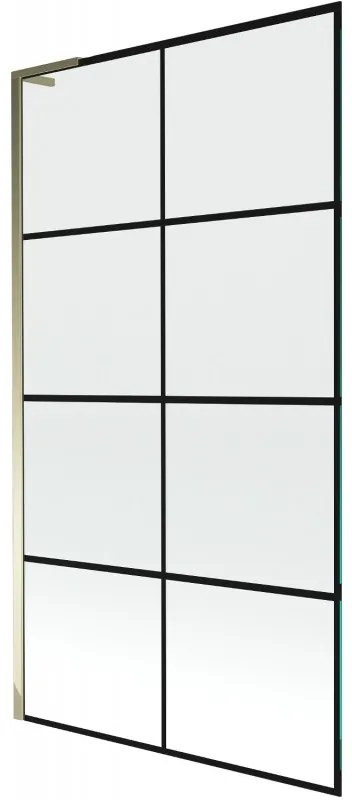 Mexen Next L, 1-krídlová vaňová zástena 100 x 150 cm, 6mm číre sklo-čierny vzor, zlatý lesklý profil, 895-100-000-03-77-50
