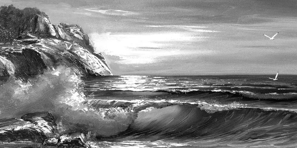 Obraz morské vlny na pobreží v čiernobielom prevedení Varianta: 100x50