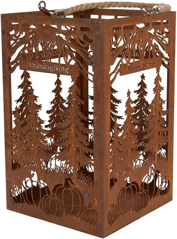 Rustikálny hrdzavý lampáš s tekvicami a stromčekmi - 19*19*30 cm
