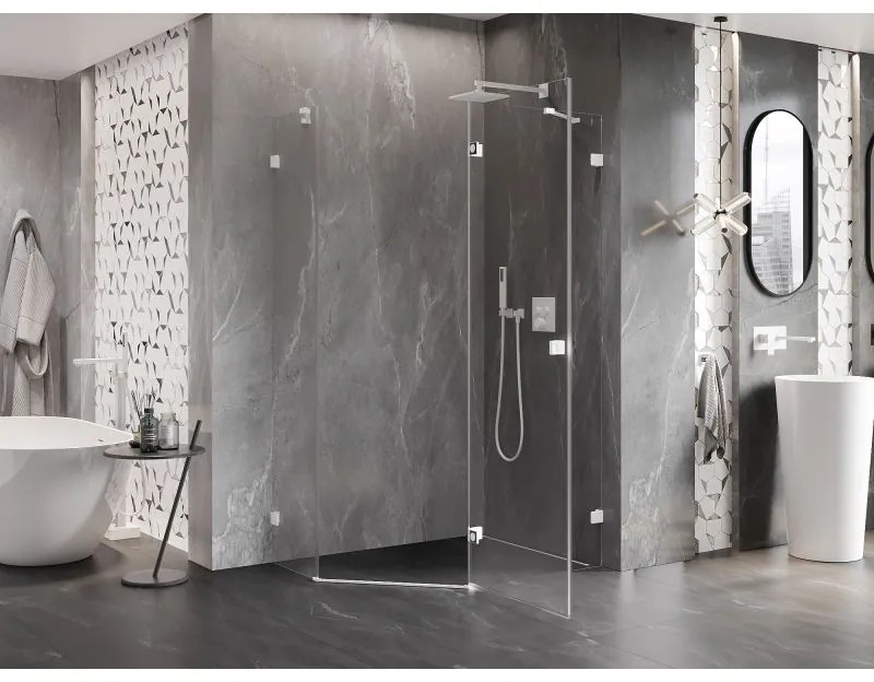 Mexen Lunar, pravý výklopný päťuholníkový sprchový kút 90 x 80 cm, 8mm číre sklo, biely profil, 831-090P-080L-20-00-P