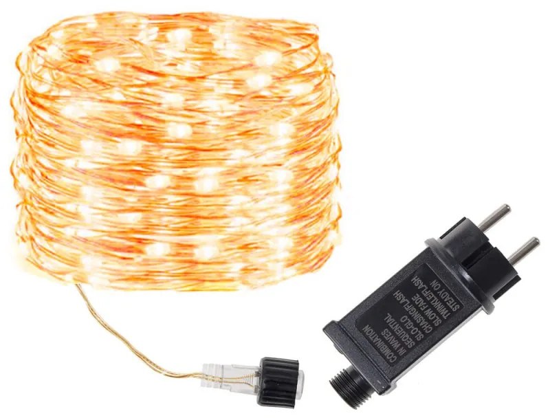 SPRINGOS LED reťaz Nano - 20m, 200LED, 8 funkcií, IP44, teplá biela