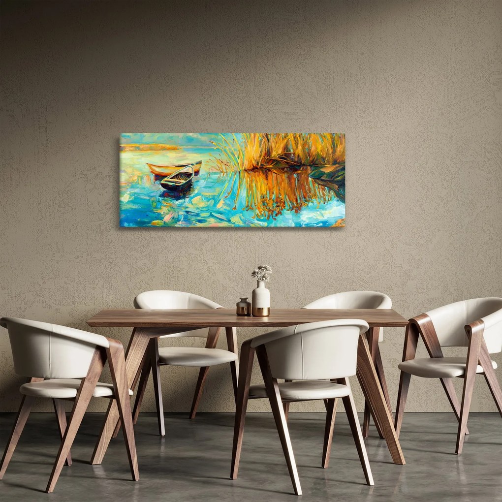 Obraz - Jazero s loďkami (120x50 cm)