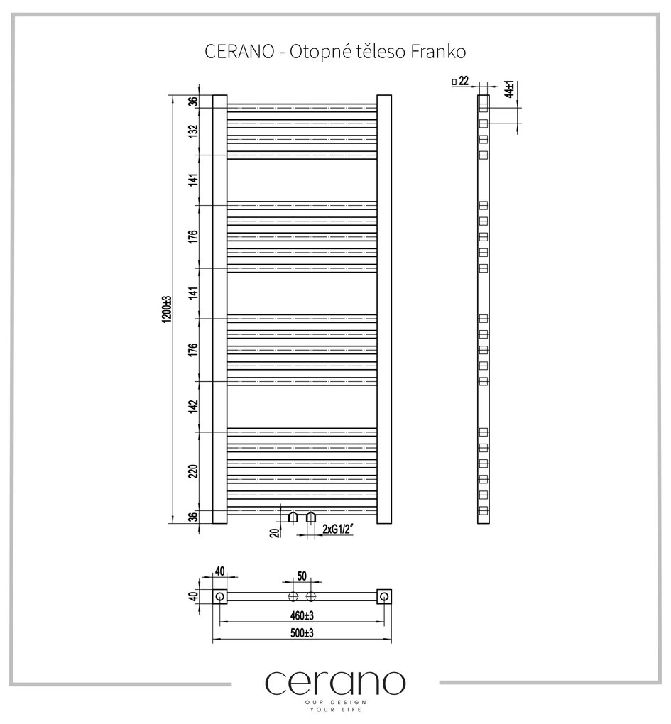 Cerano Franko, vykurovacie teleso 1200x500mm, 392W, rozteč pripojenia D5/460 mm, čierna matná, CER-CER-429646