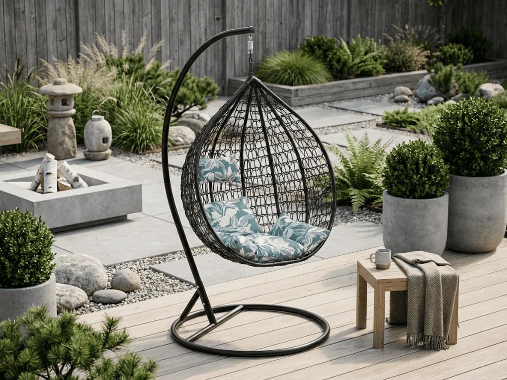 Čierne závesné kreslo KOKON so stojanom, zeleno-biely vankúš