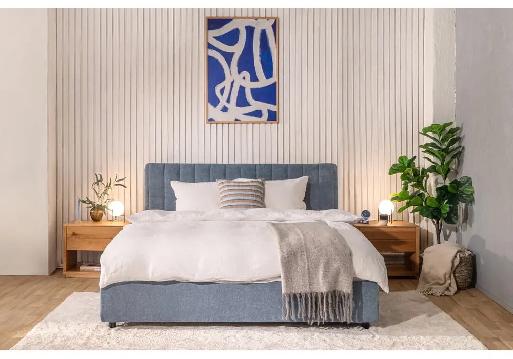Modrá čalúnená dvojlôžková posteľ s úložným priestorom s matracom/s roštom 180x200 cm Myra Slim Line – Bonami Selection