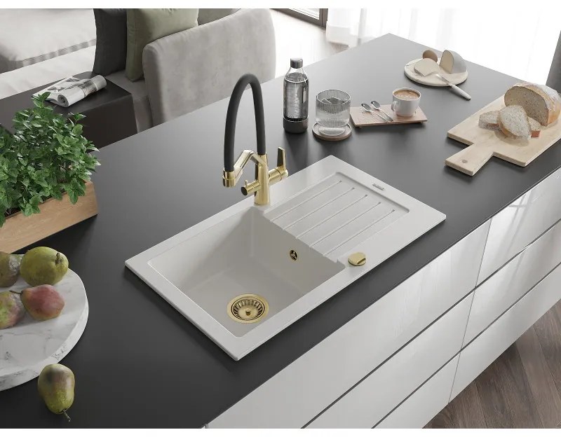 Mexen Pablo, granitový drez 752x436x161 mm, 1-komorový a drezová batéria Duo, biela, 6510-20-671701-57-G