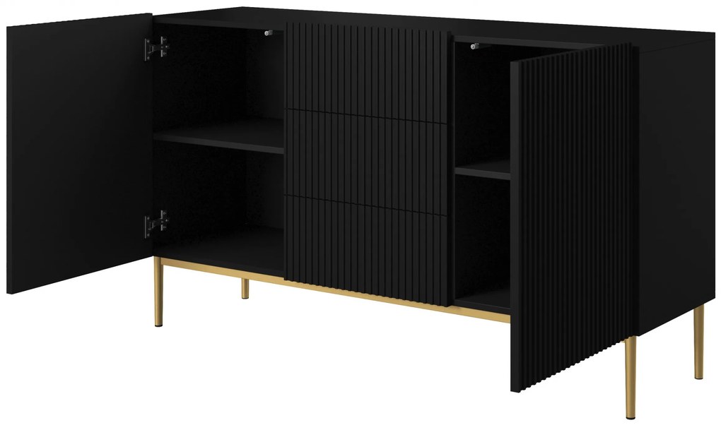 Komoda Nicole 150 cm s 3 zásuvkami - čierny mat / zlatá