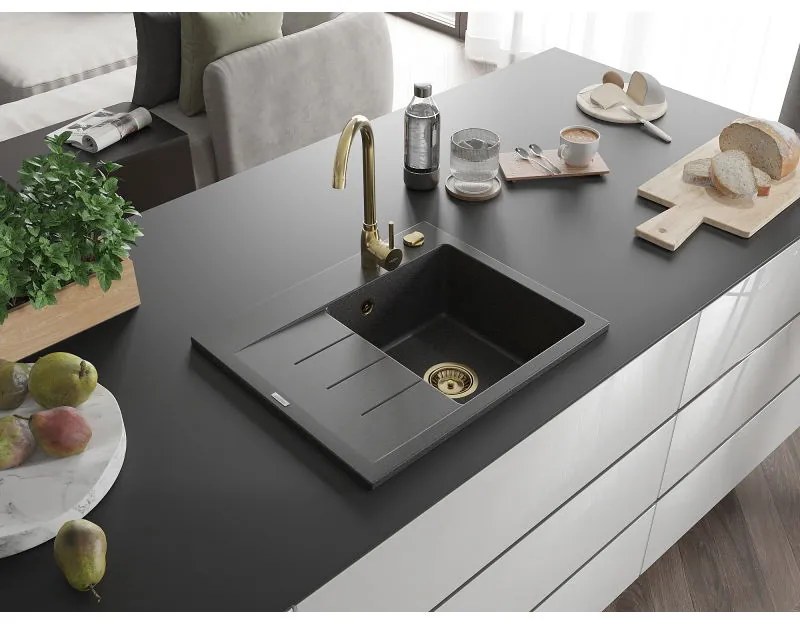 Mexen Ben, 1-komorový granitový drez 600x500x190 mm, pravý + zlatý sifón, čierna škvrnitá, 6523605000-76-G