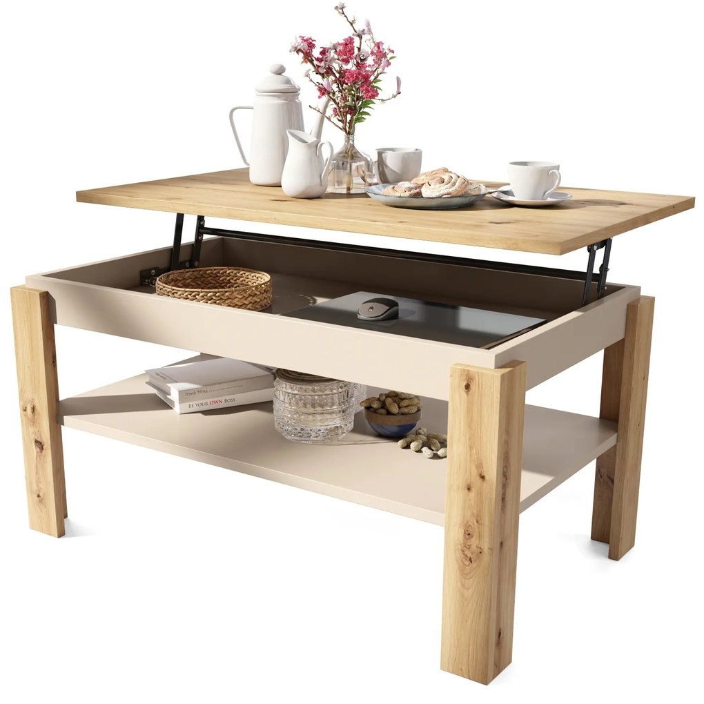 ASTI-P dub artisan / béžová - moderný konferenčný stolík so zdvíhacou doskou