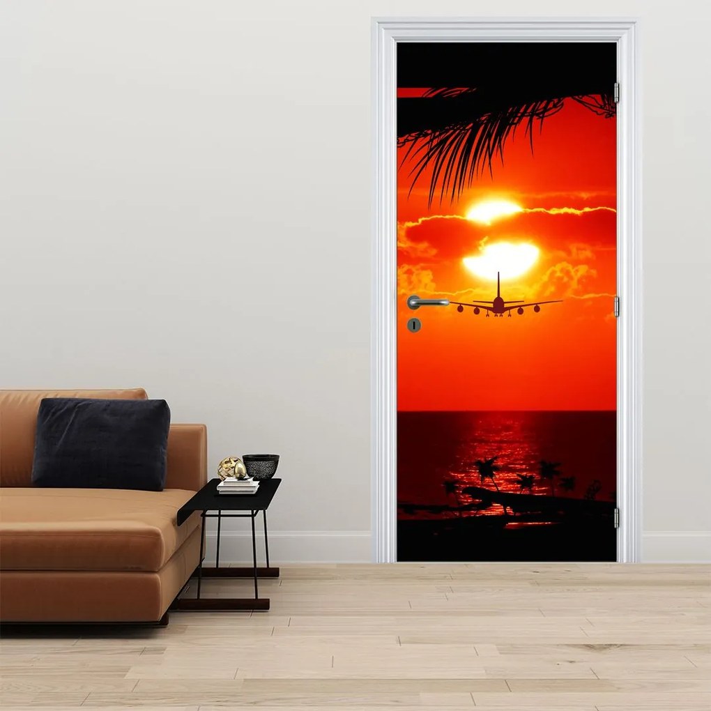Fototapeta na dvere - Západ slnka s lietadlom (95x205cm)