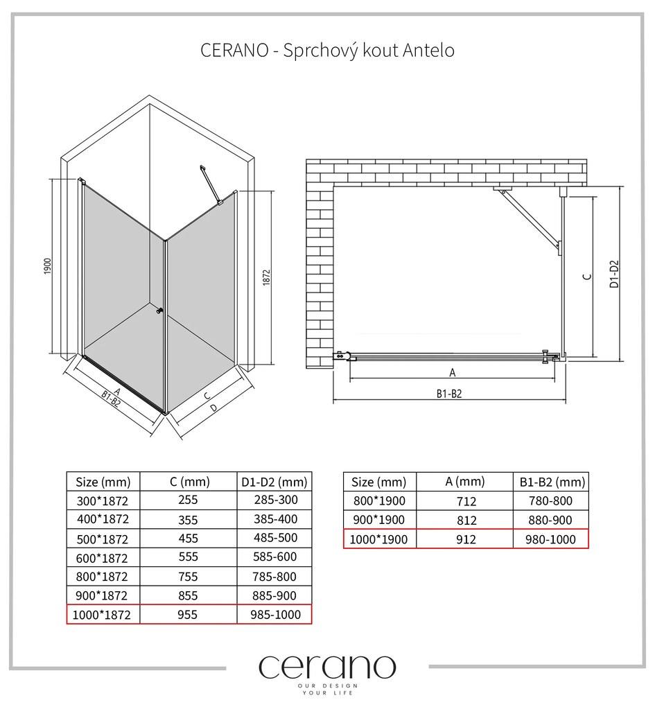 Cerano Antelo, 1-krídlový sprchovací kút 100(dvere) x 100(stena) x 190 cm, 6mm číre sklo, čierny profil, CER-CER-433995