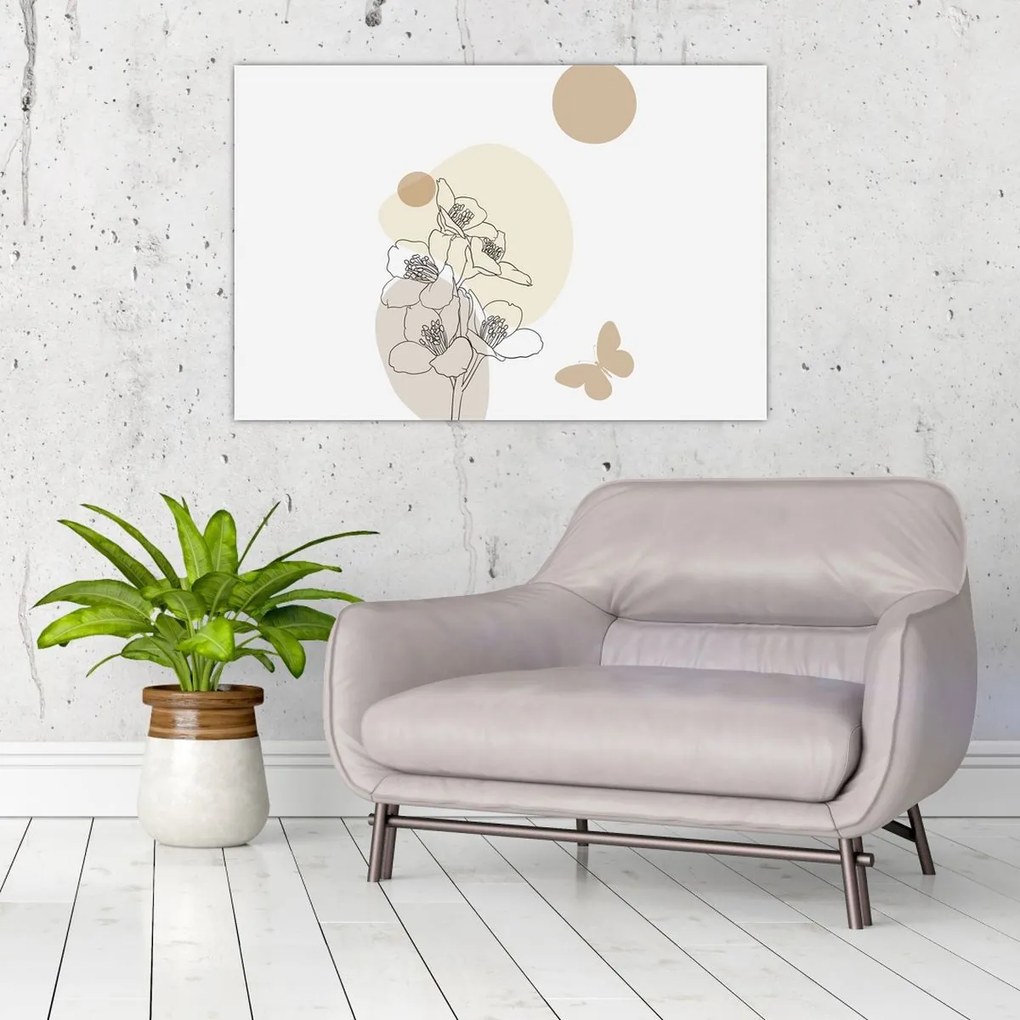 Obraz - Béžové kvety s motýľom N⁰4 (90x60 cm)