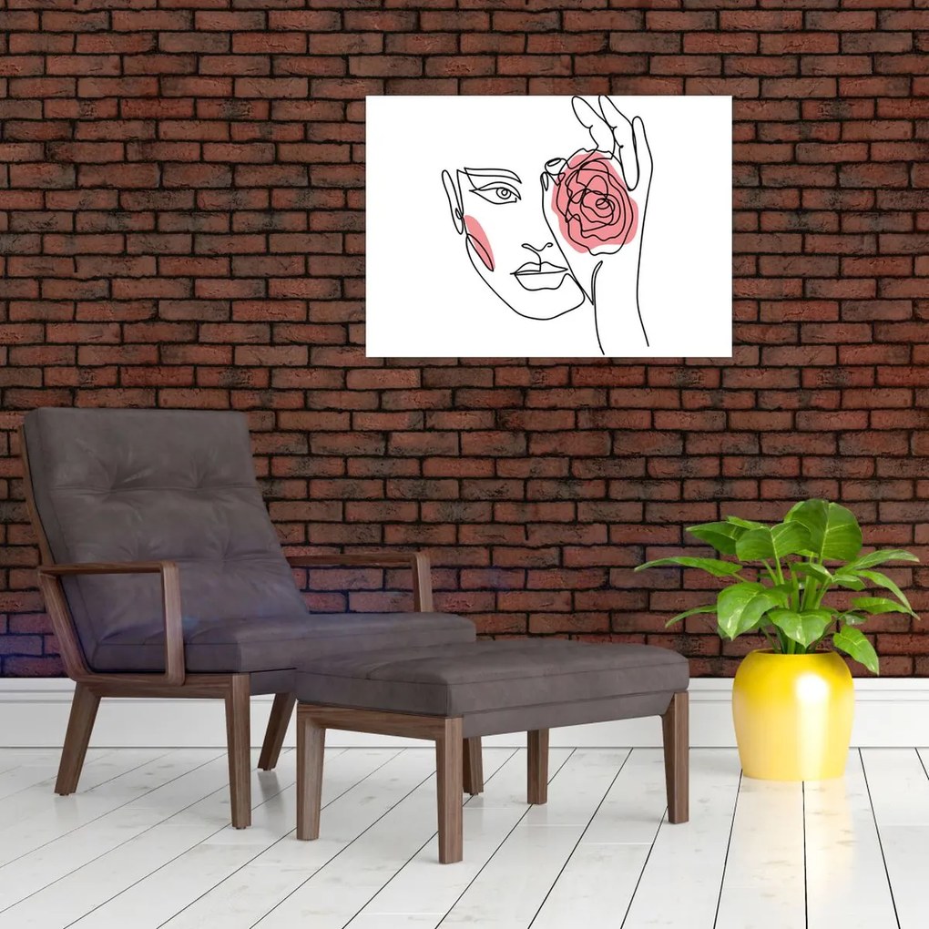 Sklenený obraz - Line art tvár s ružou (70x50 cm)