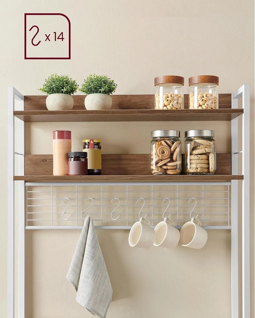 Kuchynská stojaca polica zo zástrčkami, regál s háčikmi, svetlý orech a biela farba