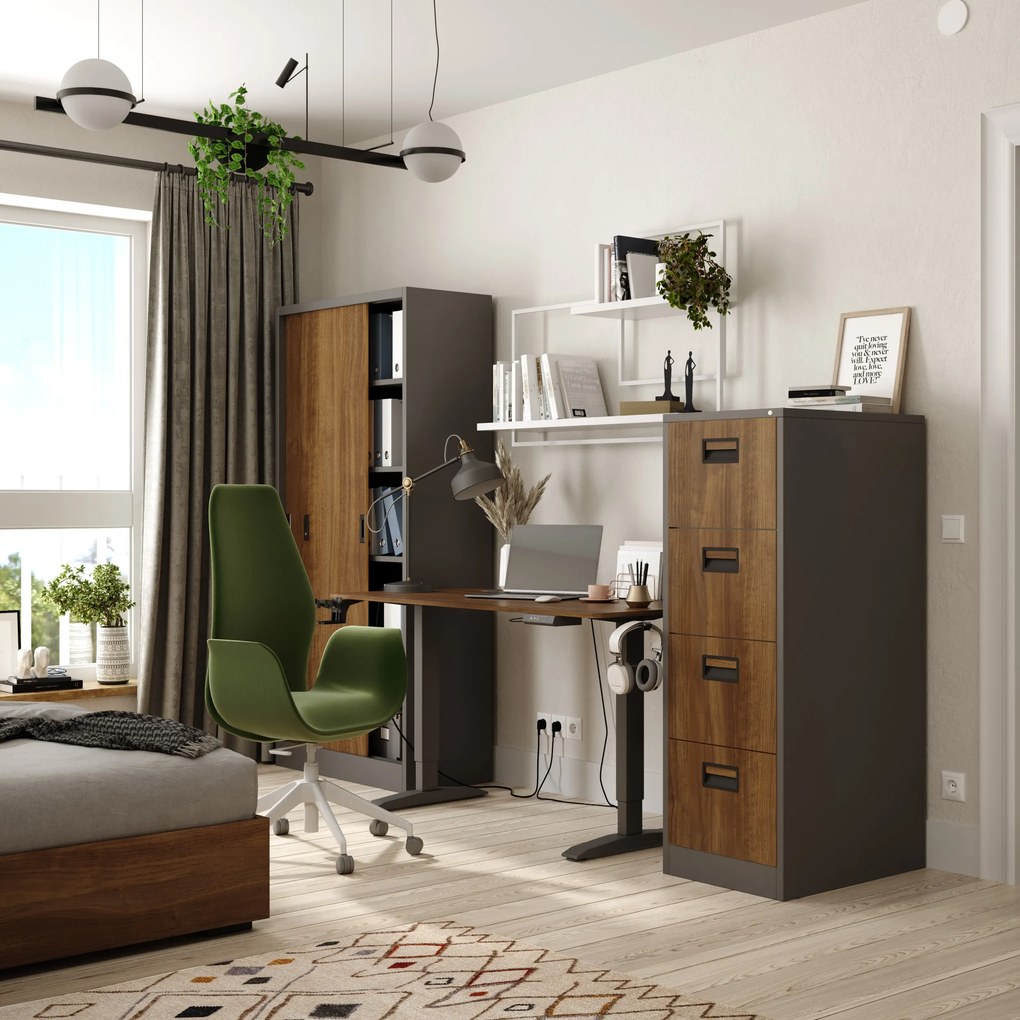 Kovová kancelárska skriňa s posuvnými dverami, antracitová/orechová, 900x1850x400 mm: KUBA Eco Design