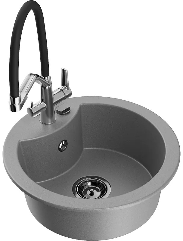 Mexen Diego, 1-komorový granitový drez 488x488x167 mm a drezová batéria Duo, šedá, 6512-71-671701-07-B