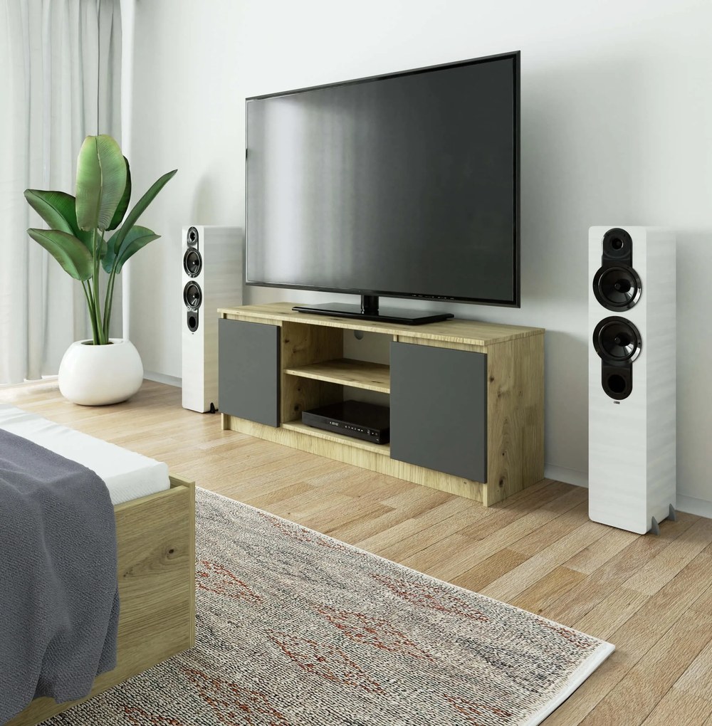 TV stolík Kenji (dub artisan + sivá). Akcia -16%. Vlastná spoľahlivá doprava až k Vám domov. 1069931