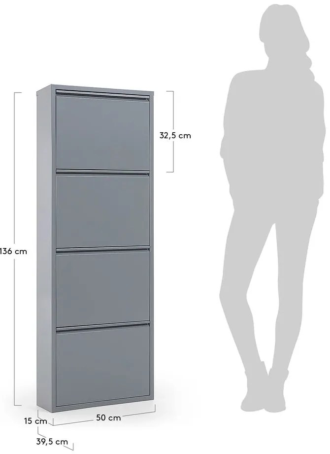 Sivá kovová skrinka na topánky s 4 výklopnými zásuvkami Kave Home Rox