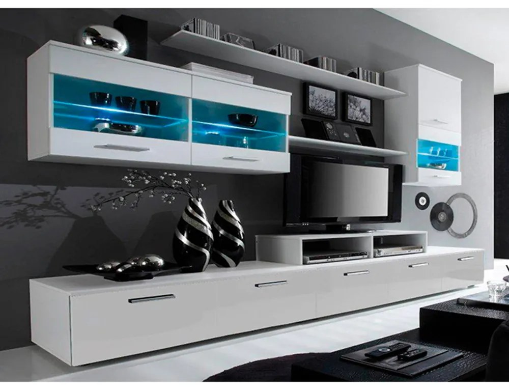 Obývacia stena, biela/biela extra vysoký lesk HG, LEO