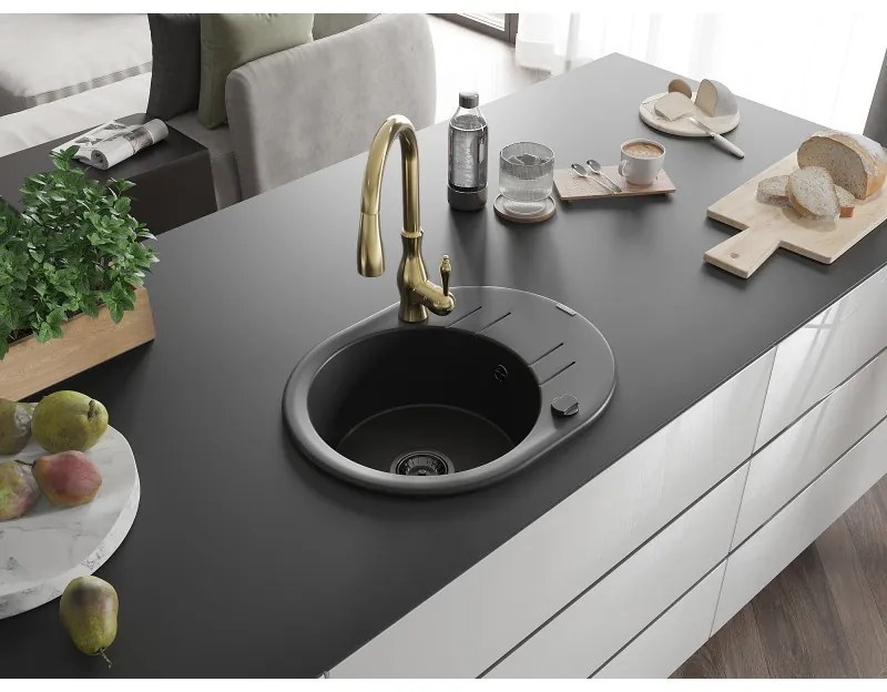 Mexen Kevin, granitový drez 586x458x190 mm, 1-komorový a drezová batéria Savita, čierna, 6517-77-672601-50-B