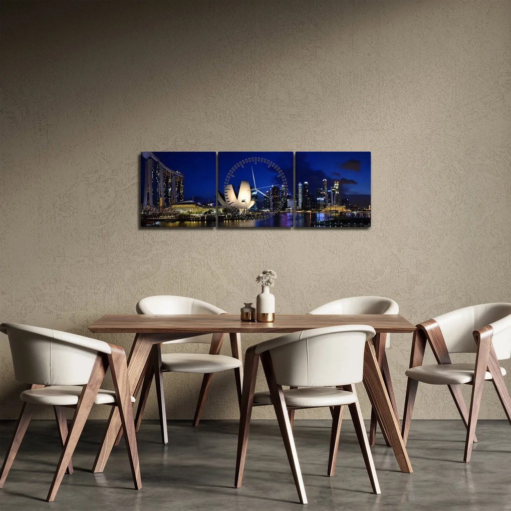 Obraz nočného Singapuru (s hodinami) (90x30 cm)