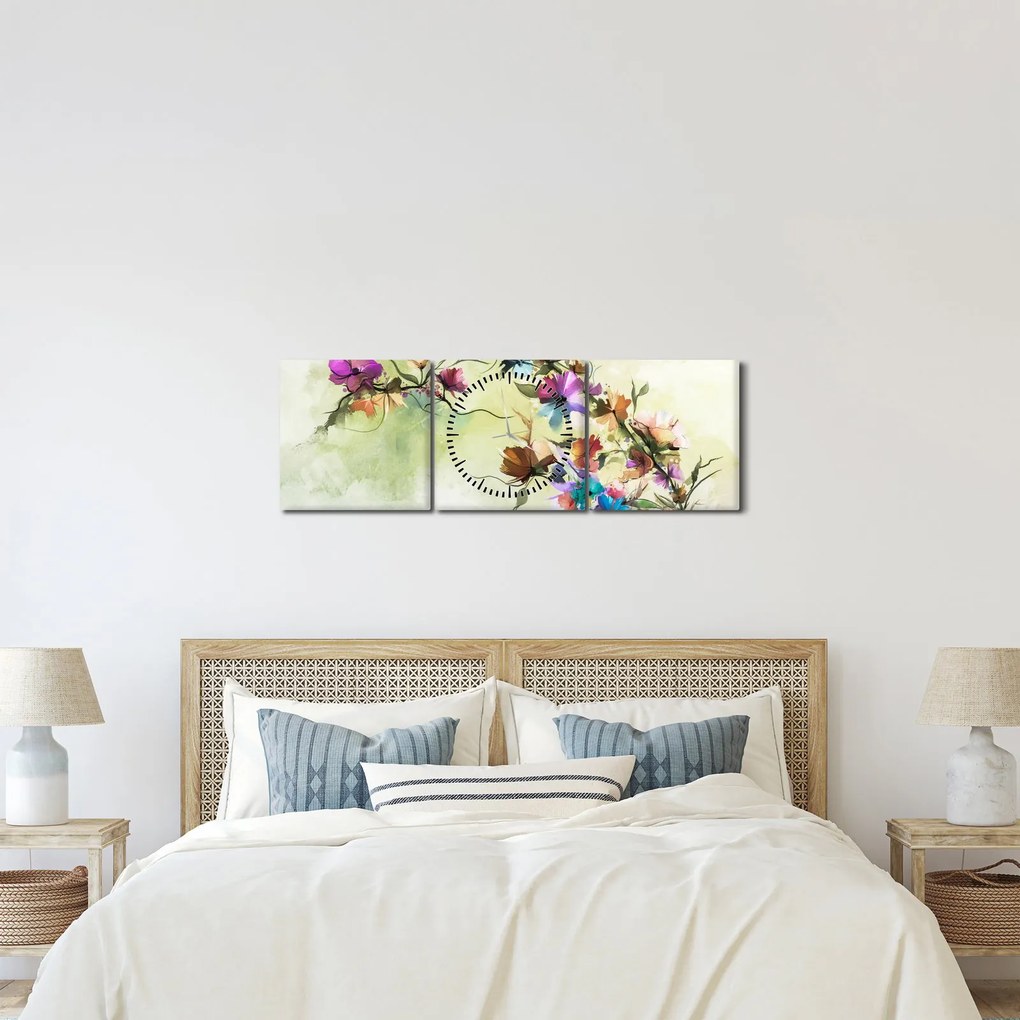 Obraz - Maľba kvetu (s hodinami) (90x30 cm)