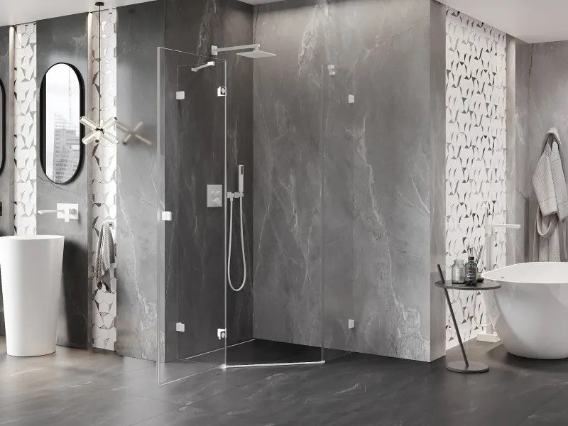 Mexen Lunar, Päťuholníkový sprchový kút Mexen Lunar naklápací doľava 100 x 100 cm, 8mm číre sklo, biely profil, 831-100L-100P-20-00-L