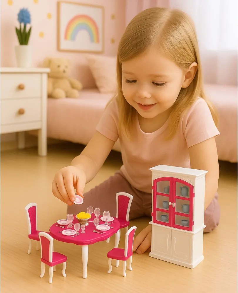 LEAN Toys Jedálenská súprava pre bábiky: stôl, stoličky, skrinka na riad