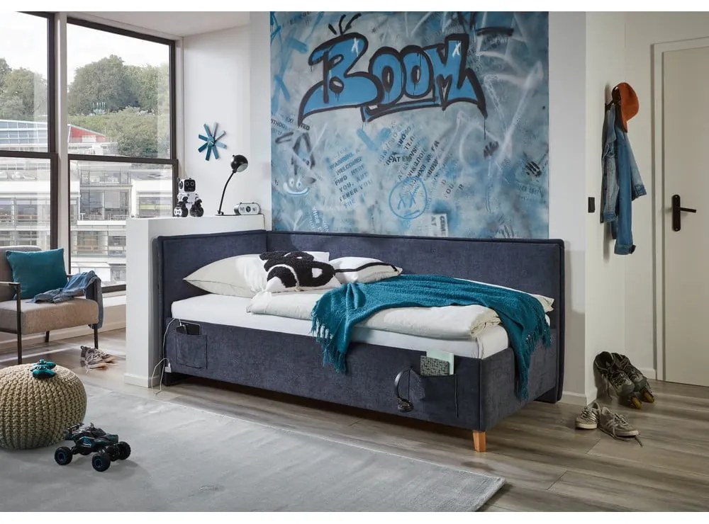 Tmavomodrá čalúnená rohová detská posteľ bez roštu 140x200 cm Fun – Meise Möbel