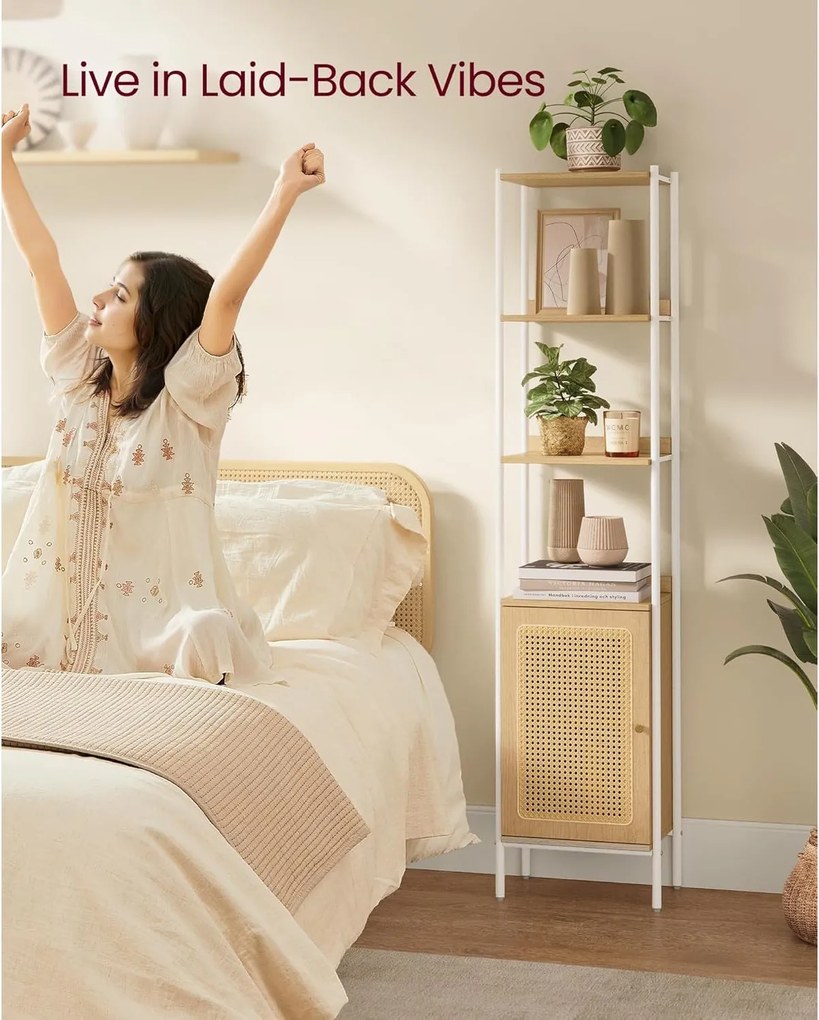 6-úrovňová knižnica, vysoká polica na knihy s dvierkami, farba dub a biela