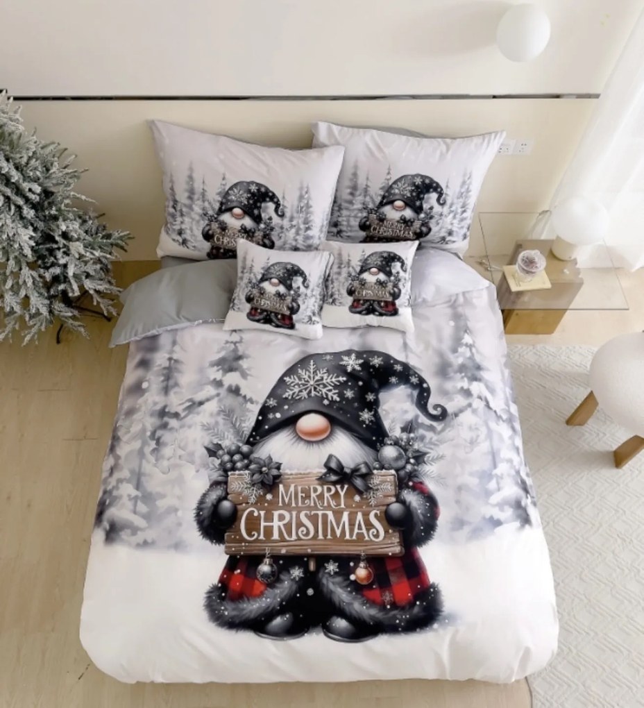 3 dielne Vianočné Flanelové obliečky 3D polycotton Sivý Trpaslík 200x140cm+90x70cm