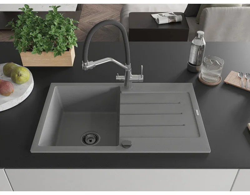 Mexen Bruno, 1-komorový granitový drez 795x495x200 mm a drezová batéria Duo, šedá, 6513-71-671701-07-B